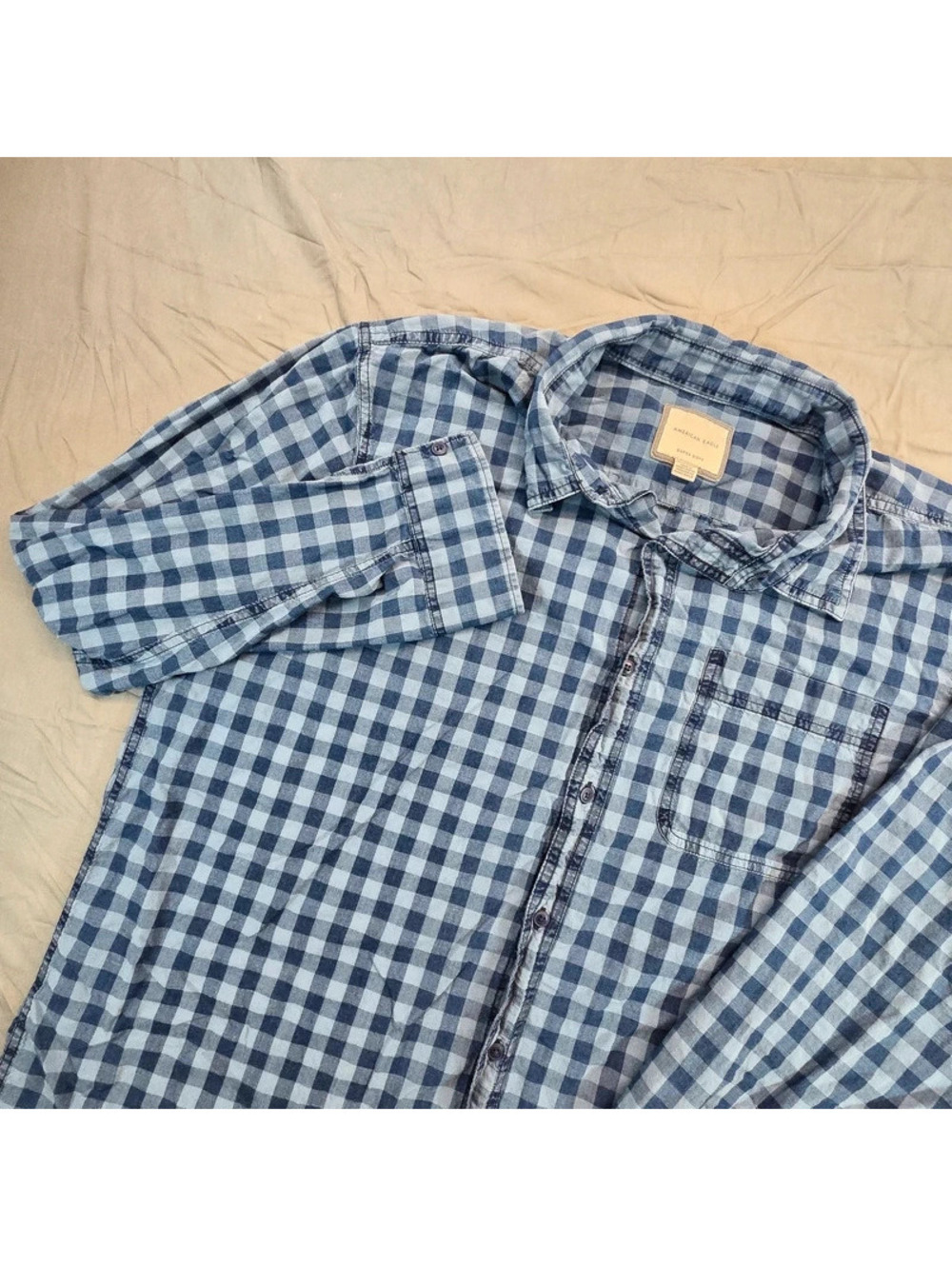 American Eagle blue and white checkered button-up shirt
